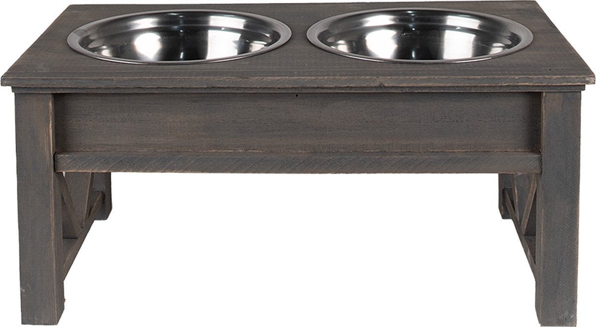 Voerbak hond 2x500 ml Grijs Hout Voerbak Kat clayre & eef, Dieren en Toebehoren, Ophalen of Verzenden, Nieuw