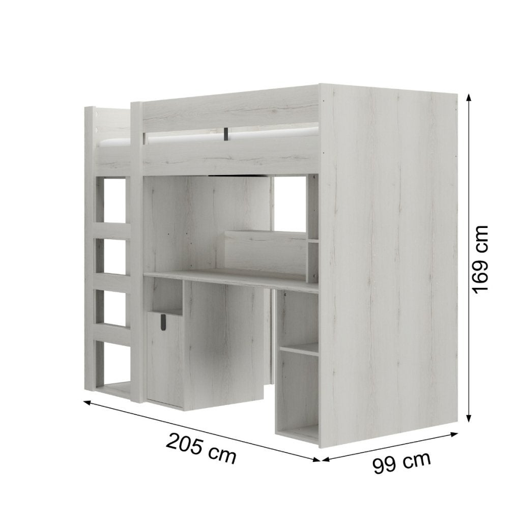 Lugano hoogslaper met bureau - 90x200 - Wit eiken, Niet ingevuld, Niet ingevuld, Niet ingevuld