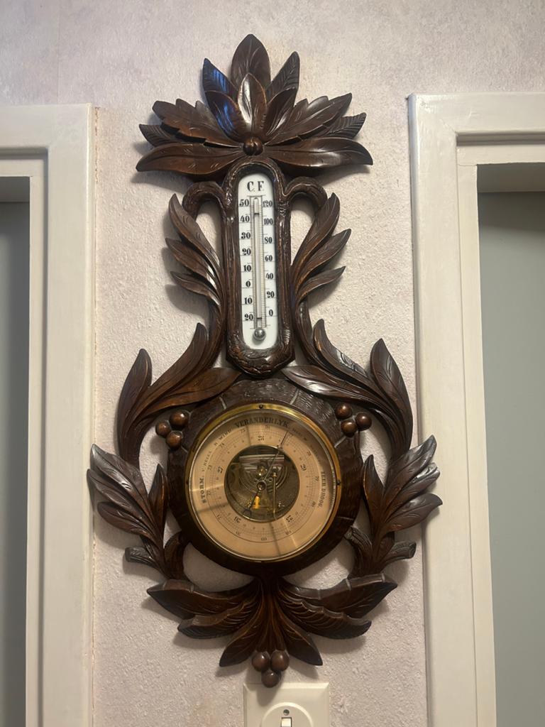 Antieke Barometer met Thermometer - Houtsnijwerk, Ophalen, Gebruikt, Barometer