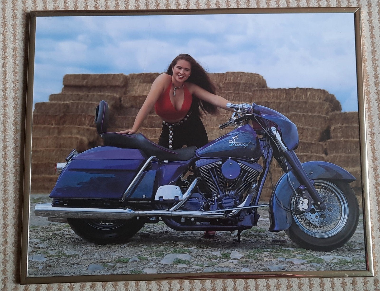 Ingelijste foto van dame met motor, Ophalen of Verzenden