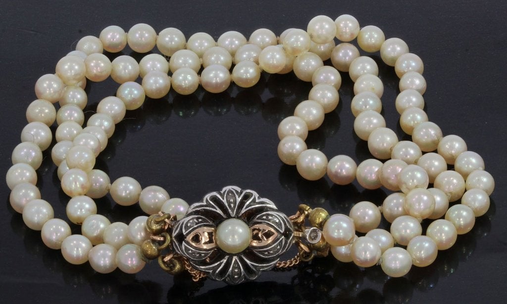 Akoya parel armband fraai 18k slot goud diamant antiek, Ophalen of Verzenden, Goud, Armband, Met edelsteen