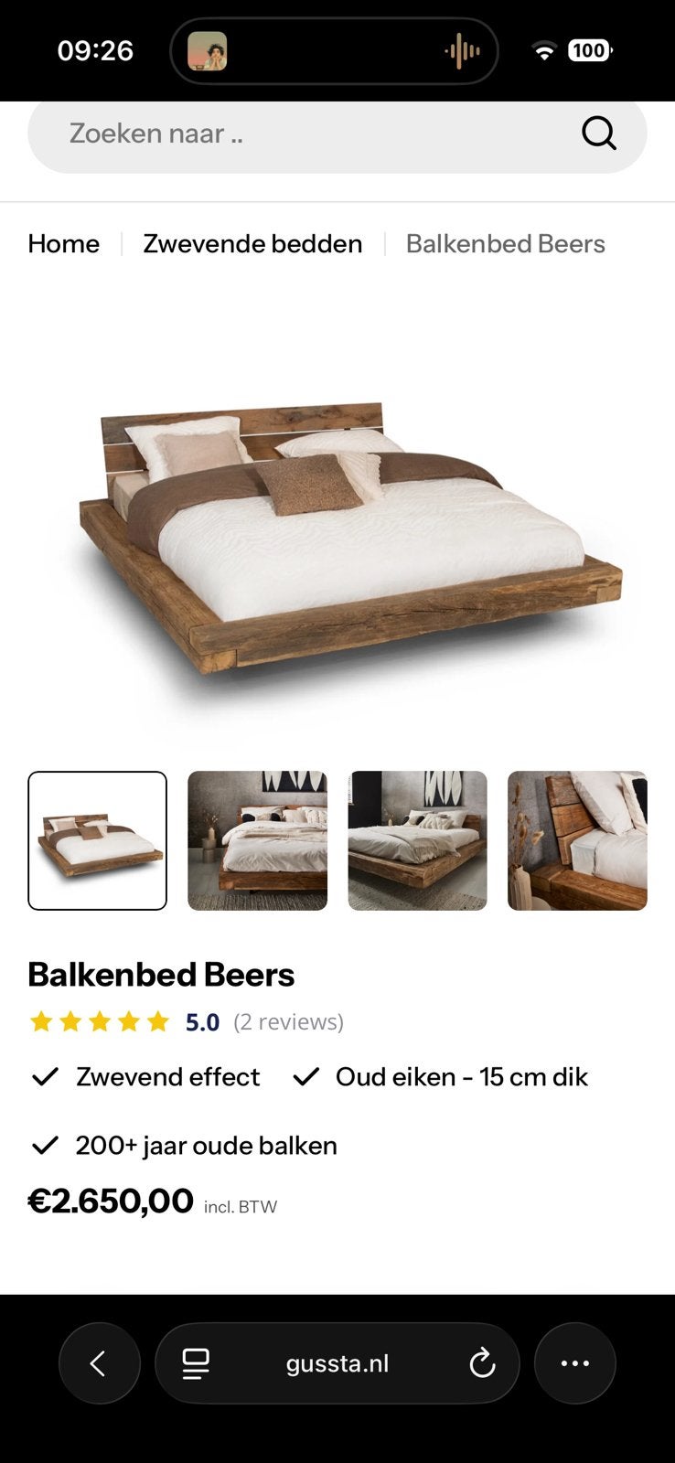 Gussta Balkenbed Beers - Oud Eiken Zwevend Effect, Ophalen, Gebruikt, Bruin, Tweepersoons