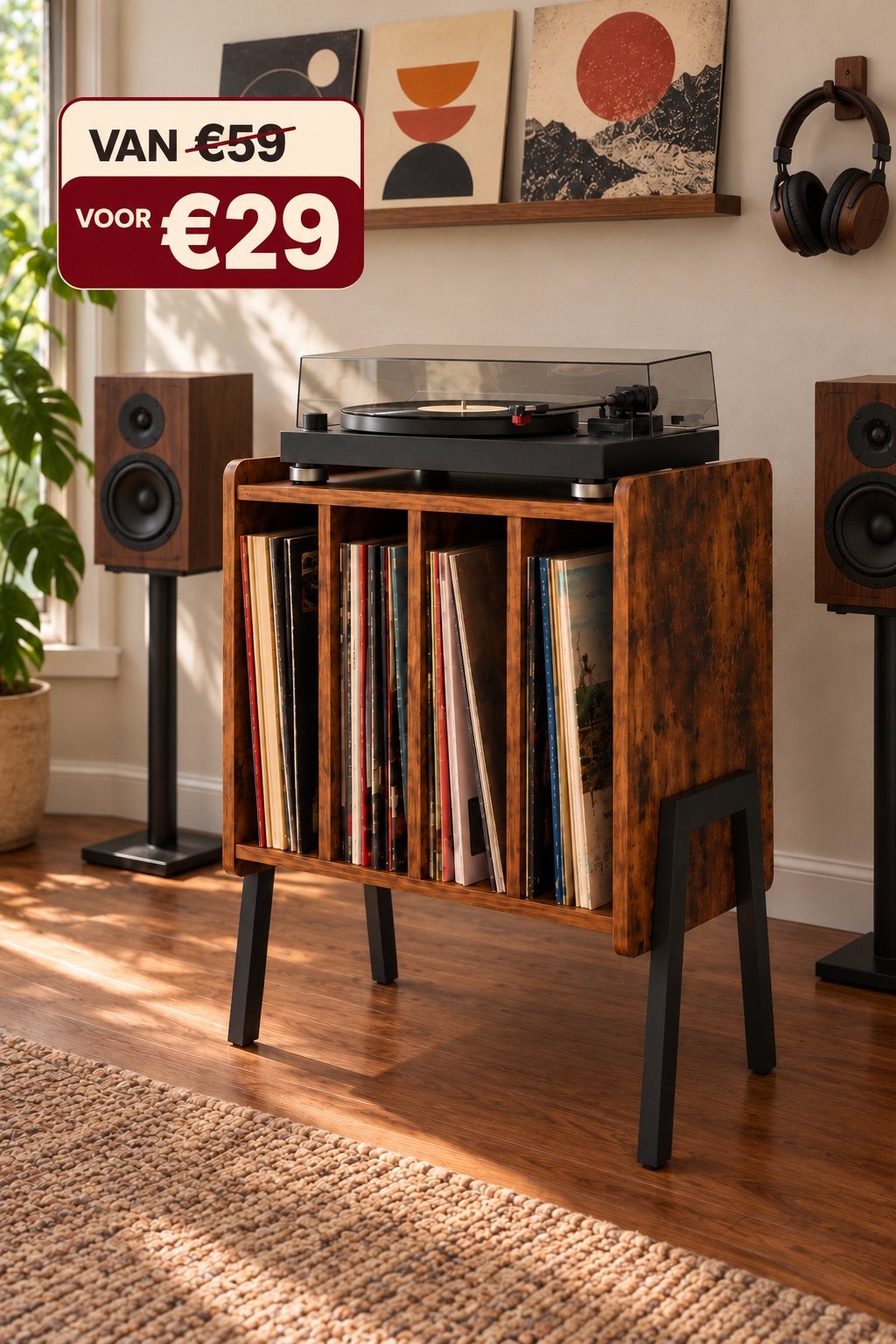 Platenspeler meubel met opbergruimte voor LP's - Vintage Bru, Overige merken, 7021br, Nieuw, Ophalen of Verzenden