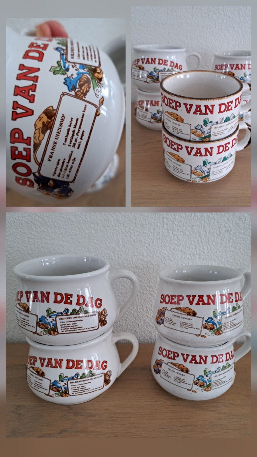 Vintage soepmokken Soep van de Dag' 2 soorten prijs per 2, Gebruikt, Keramiek, Ophalen of Verzenden, Kom(men)