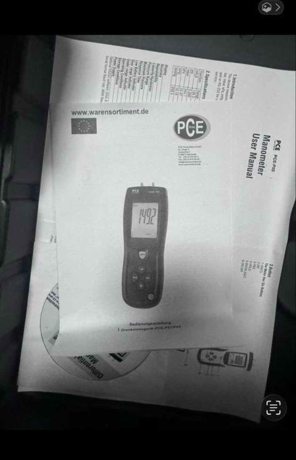 PCE-P01 Differentiële Manometer - Nieuwstaat, Doe-het-zelf en Verbouw, Meetapparatuur, Ophalen, Zo goed als nieuw, Druk