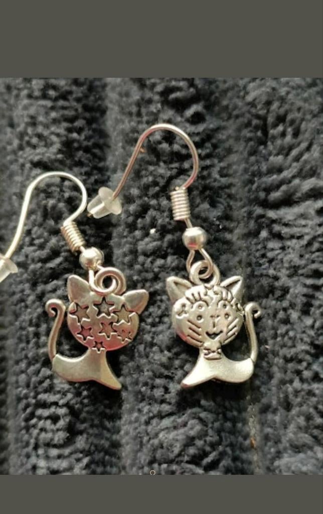 Zilveren oorbellen kat, Hangers, Verzenden, Nieuw, Zilver
