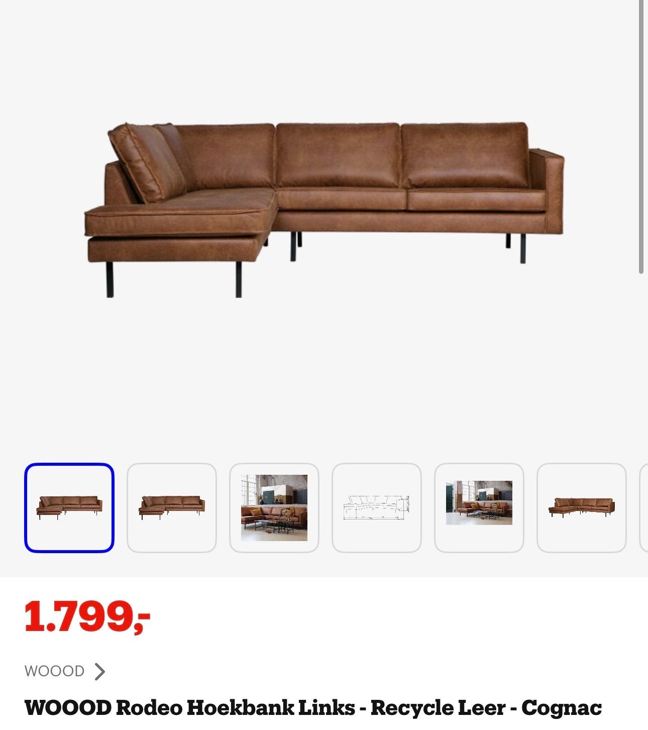Hoekbank WOOOOD Rodeo Cognac 85x266x86cm, Ophalen, Gebruikt, Hoekbank, Leer