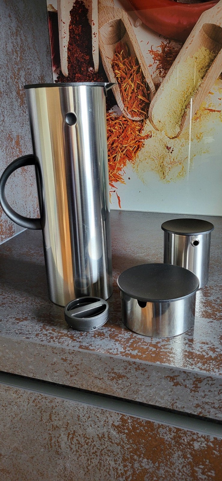 Stelton Erik Magnussen thermoskan en melk/suiker set, Zilver, Ophalen of Verzenden, Metaal, Overige merken
