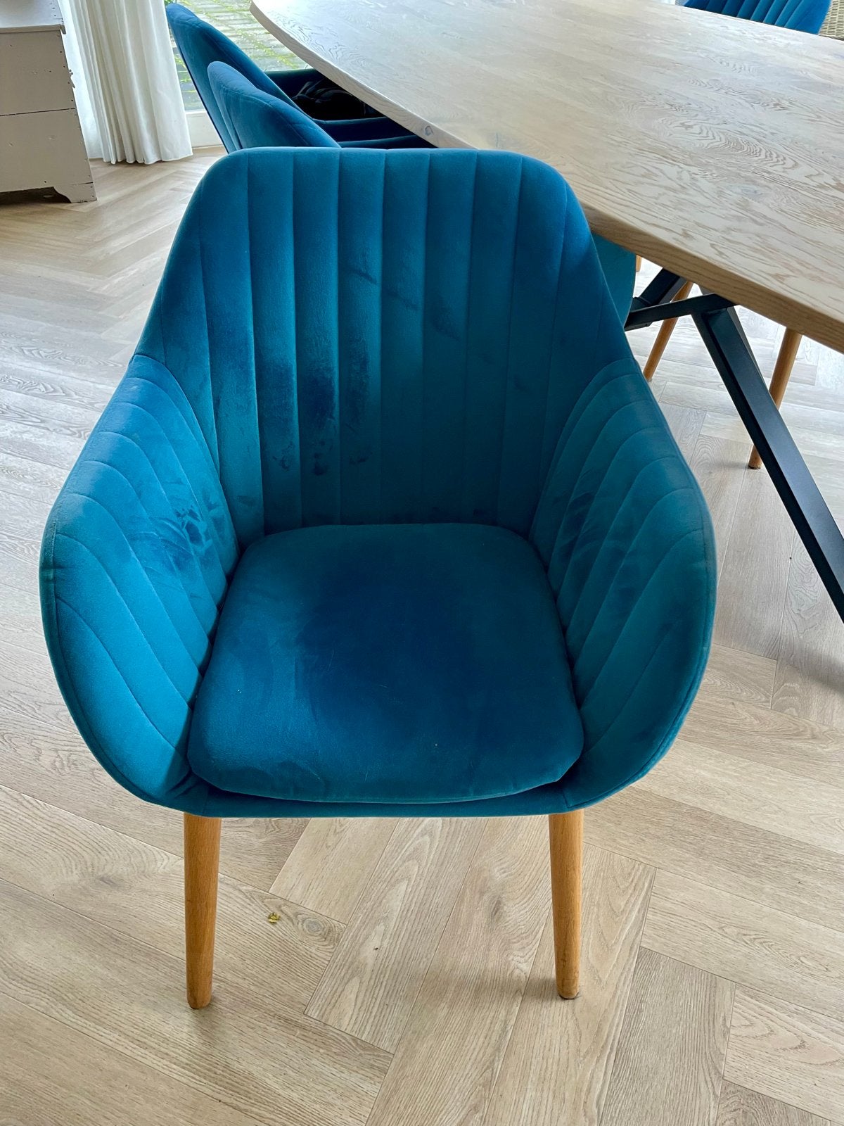 6 velvet petrol blauw tilanda eetkamerstoelen Leen Bakkee, Ophalen, Hout, Gebruikt, Blauw