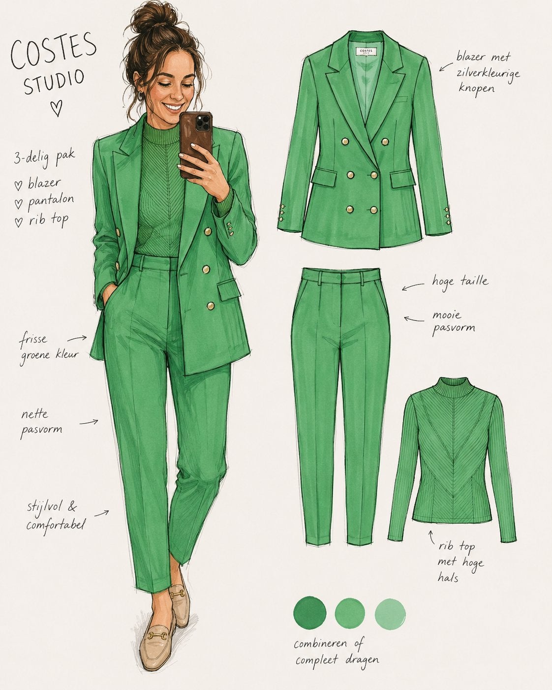 Costes Studio 3-delig pak: blazer, pantalon & rib top XS, Kleding | Dames, Ophalen, Kostuum of Pak, Zo goed als nieuw, Maat 34 (XS) of kleiner
