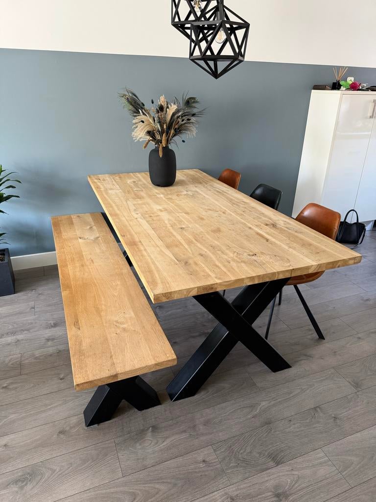 Massief eiken eettafel met metalen X-poot (200x100 cm), Huis en Inrichting, Tafels | Eettafels, Gebruikt, 100 tot 150 cm, Eikenhout