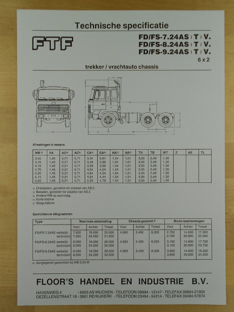 FTF 6x2 ca 1990 Technische Specificatie Brochure, FTF, Ophalen of Verzenden, Zo goed als nieuw, Overige merken