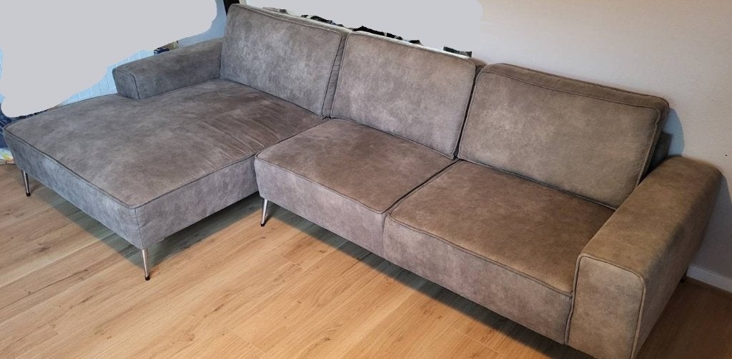 HACO taupe hoekbank met chaise longue, 296 cm,  goede staat, Gebruikt, 150 tot 200 cm, Hoekbank, 75 tot 100 cm