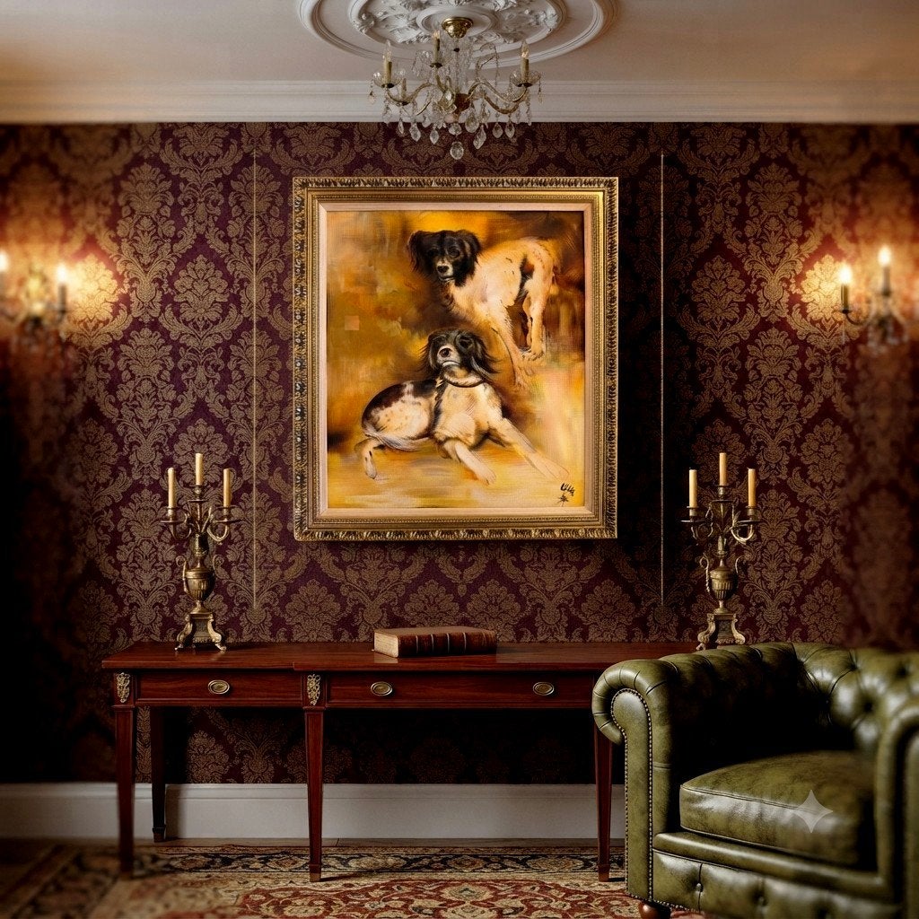 Schilderij van twee honden, gesigneerd 'Rien', Antiek en Kunst, Kunst | Schilderijen | Klassiek, Ophalen, Dieren, Handgeschilderd