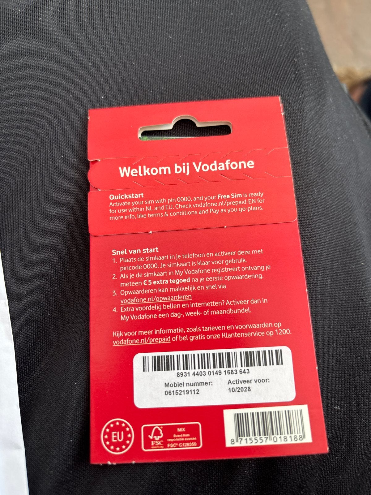 Vodafone Prepaid Simkaart met nummer 0615219112, Ophalen, Nieuw, Vodafone, Simkaart