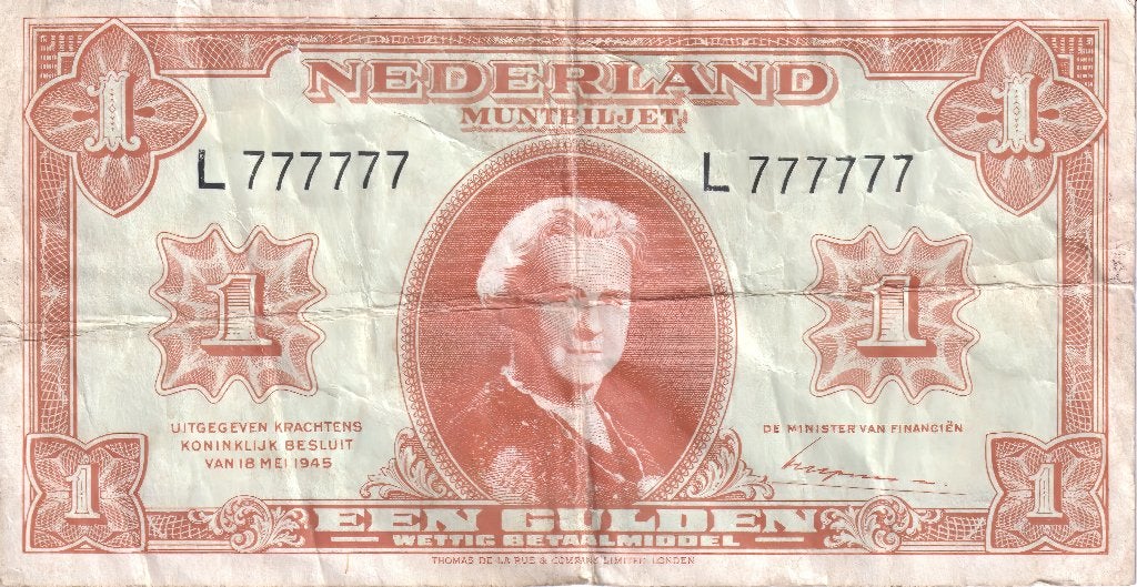 1 guldenbiljet 1945 met uniek nummer, Postzegels en Munten, Bankbiljetten | Nederland, Ophalen of Verzenden, Los biljet