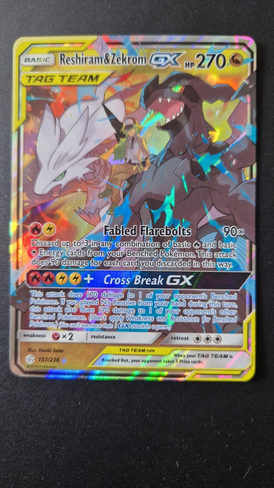 Reshiram&Zekrom GX 157/236 Tag Team Cosmic Eclipse, Ophalen of Verzenden, Zo goed als nieuw, Losse kaart