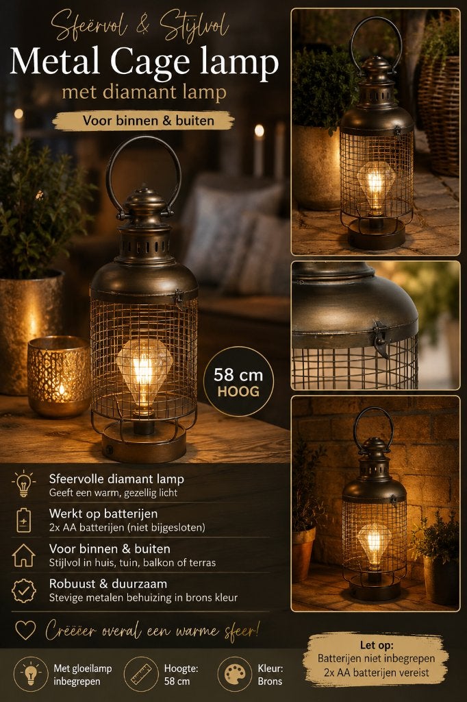 Sfeervolle Metal Cage Lamp met diamant lamp – Brons, Metaal, Nieuw, Ophalen of Verzenden, Werkt op batterijen