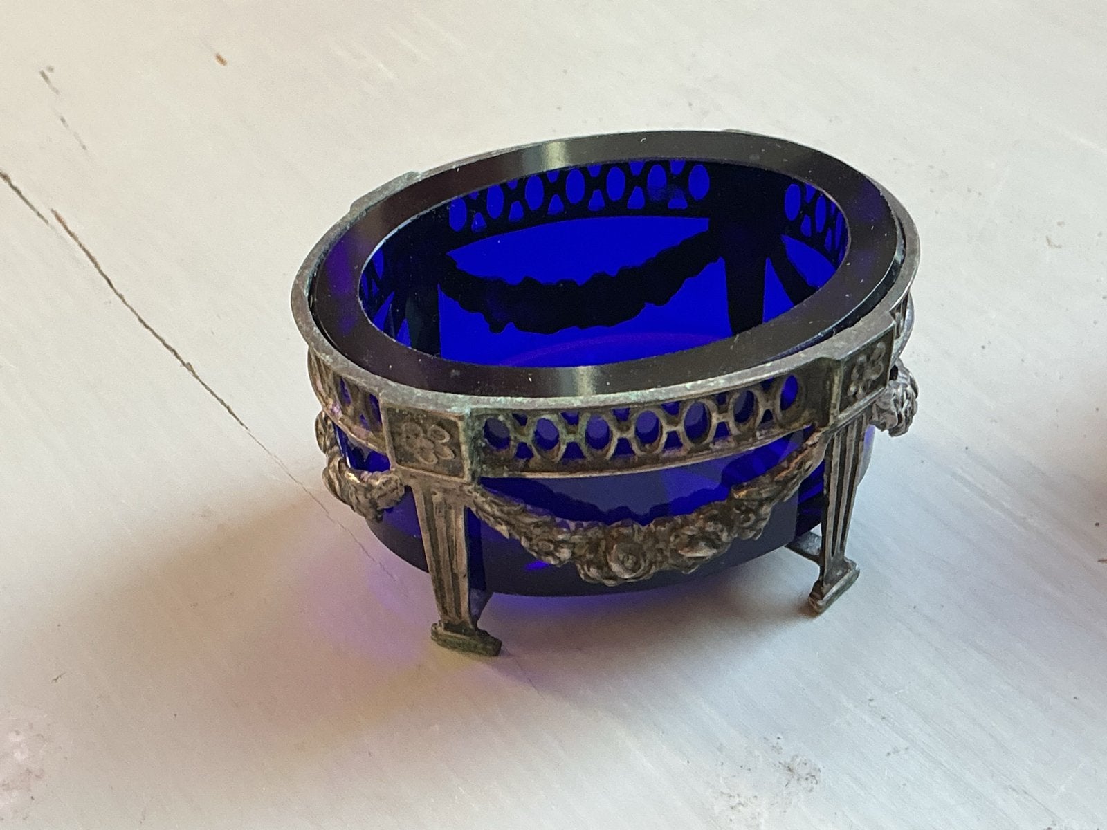 Antieke zoutvaatjes met kobaltblauw glas, Ophalen of Verzenden