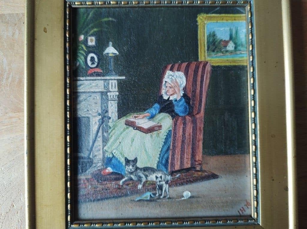 schilderijtje geschilderd op houten plaatje gesigneerd JH 76, Ophalen of Verzenden, Klassiek, Gesigneerd, Paneel