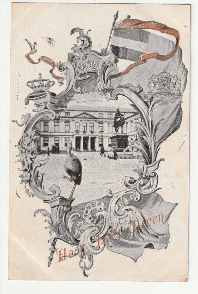 Hoop doet leven ansichtkaart geboorte Juliana 1909, Verzamelen, Koninklijk Huis en Royalty, Gebruikt, Verzenden, Kaart, Foto of Prent