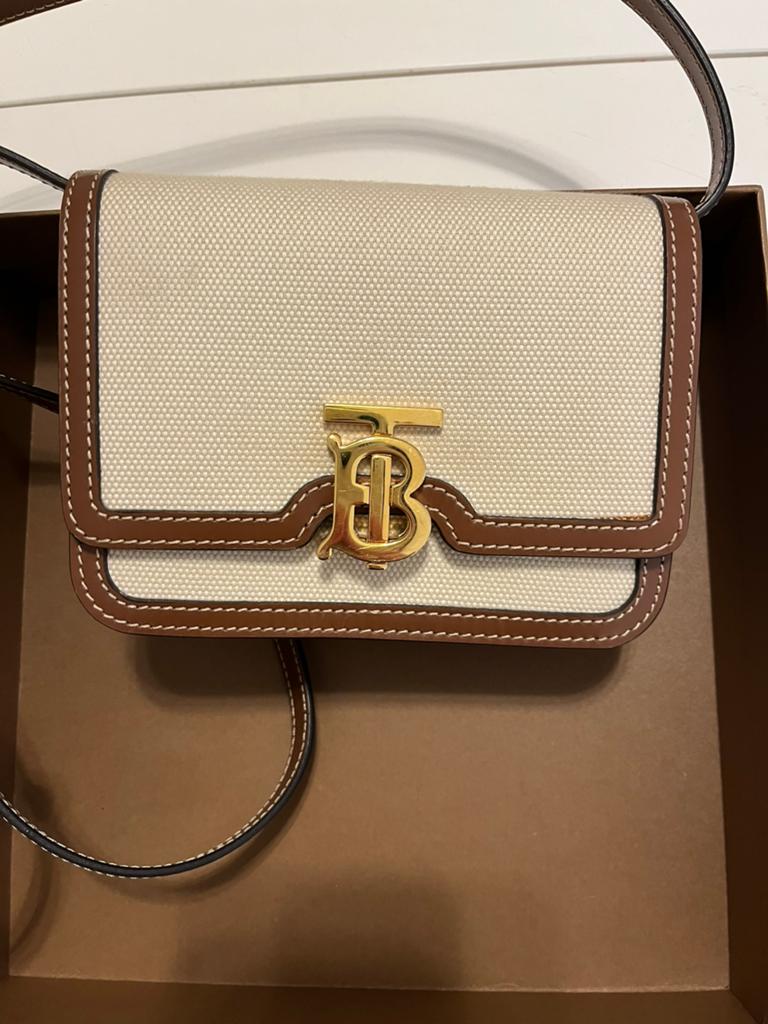 Burberry TB canvas leren schoudertas - Zeer goede staat, Ophalen of Verzenden, Zo goed als nieuw, Beige, Schoudertasje