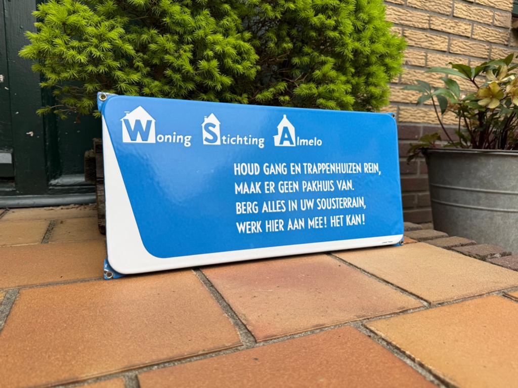 Oud emaille reclamebord almelo trappenhuis regelement regels, Ophalen of Verzenden, Zo goed als nieuw, Reclamebord