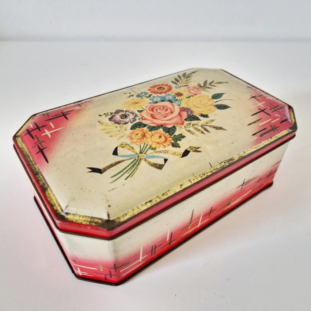 Vintage blik bloemen blikje koektrommel jaren 50 vintage, Ophalen of Verzenden, Gebruikt, Koek(jes)