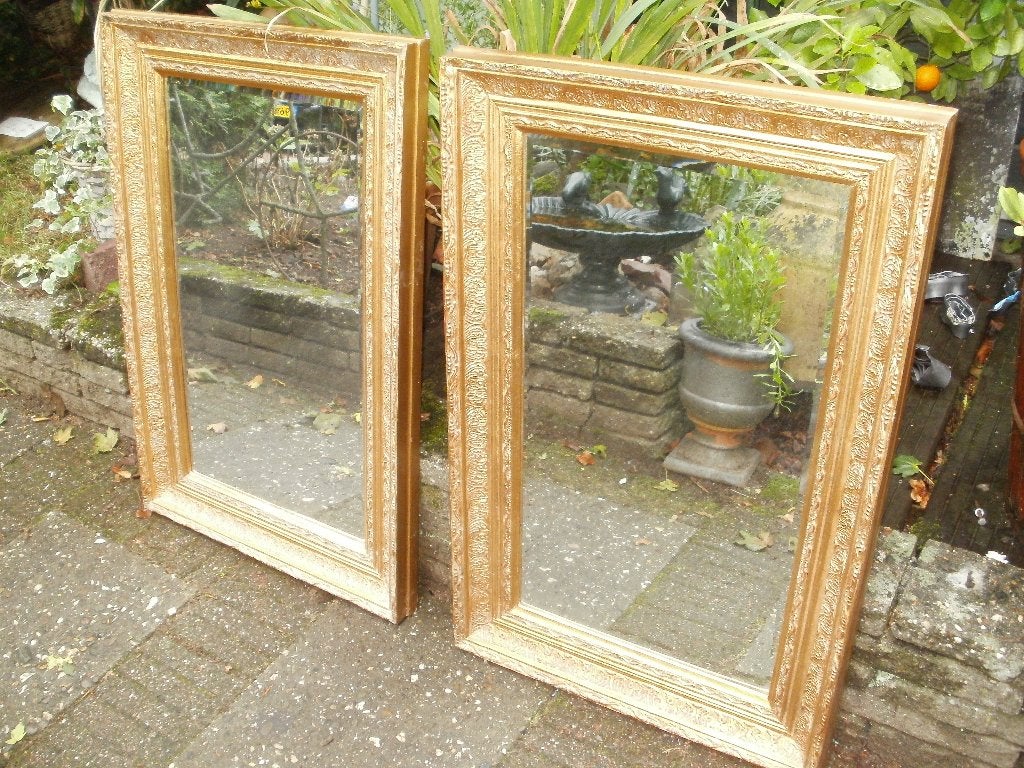 spiegels 2 stuks goudkleurige lijst, groot model, Antiek en Kunst, Ophalen, Rechthoekig, 50 tot 100 cm, Minder dan 100 cm