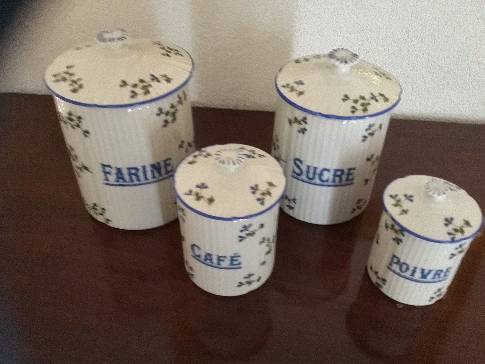 Set van 4 vintage voorraadpotten - Farine, Sucre, Café, Poiv, Ophalen