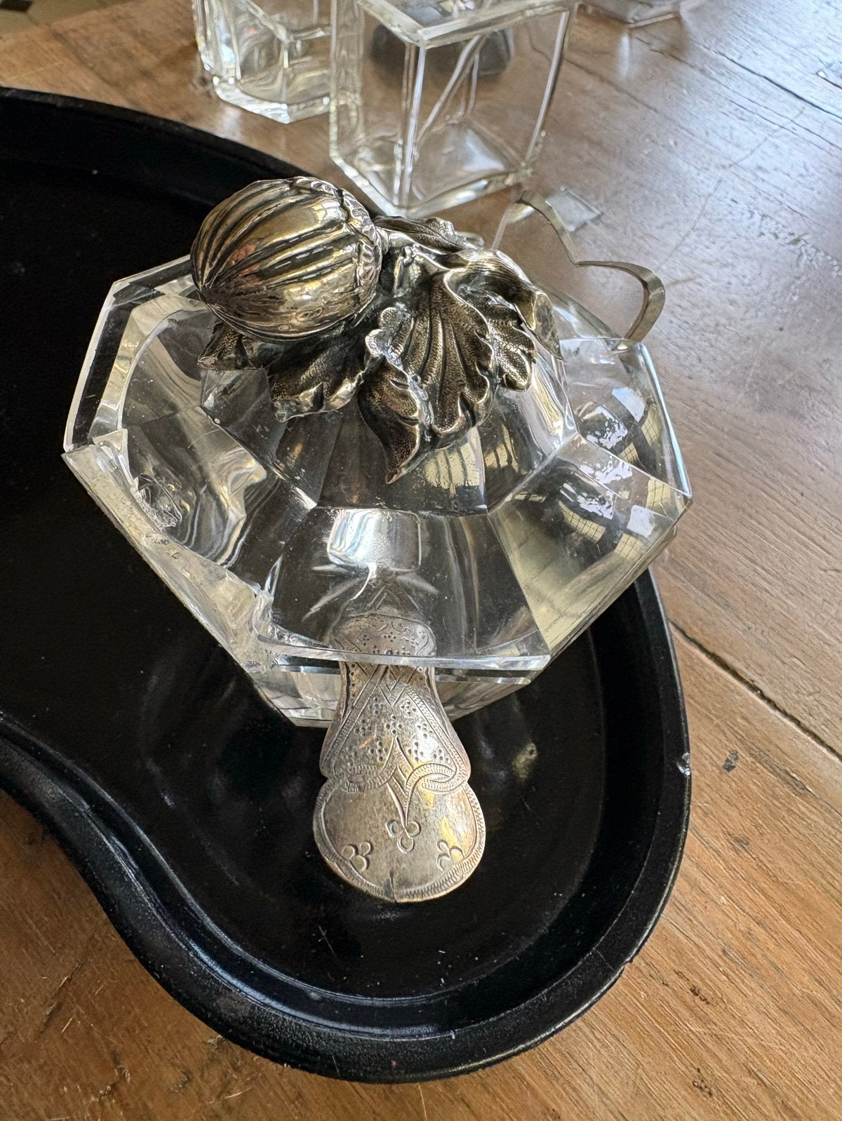 Antiek Glazen Dienblad en Serveerset met zilver, Ophalen of Verzenden