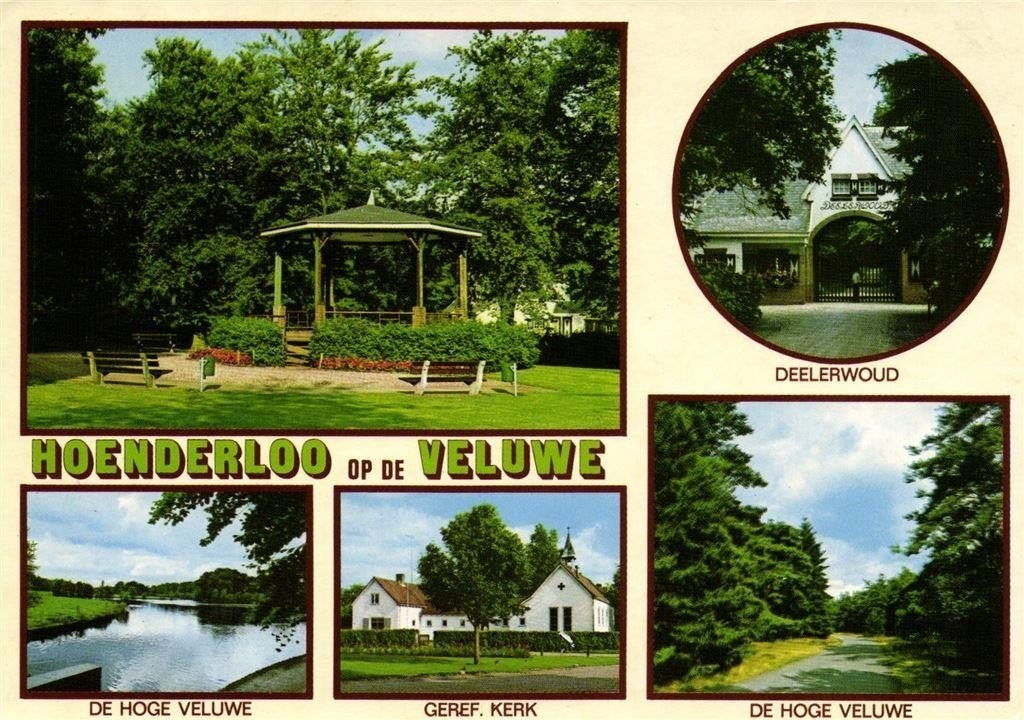 Hoenderloo op de Veluwe - 5 afb o.a. muziektent - 1985 gelop, Ophalen of Verzenden, 1980 tot heden, Gelopen, Gelderland