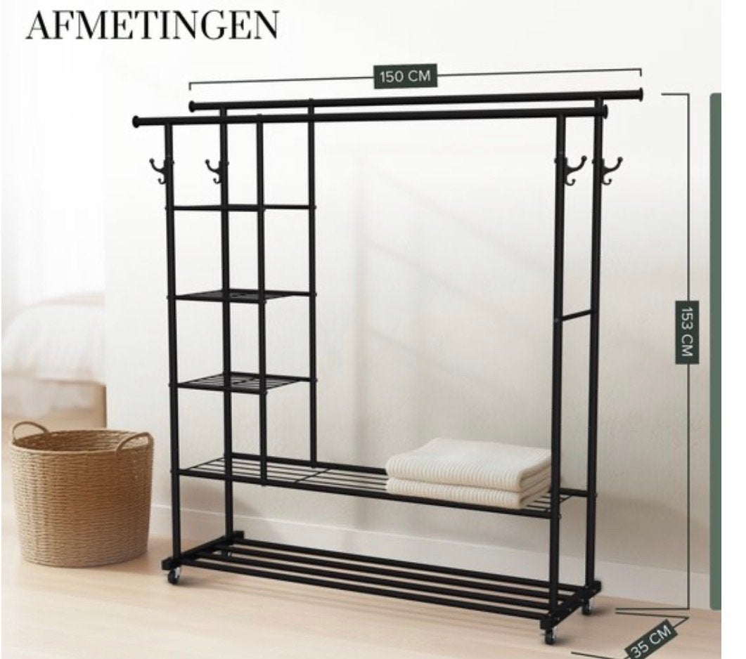Kledingrek met planken en wielen - Zwart, Ophalen, Met wielen, Zo goed als nieuw