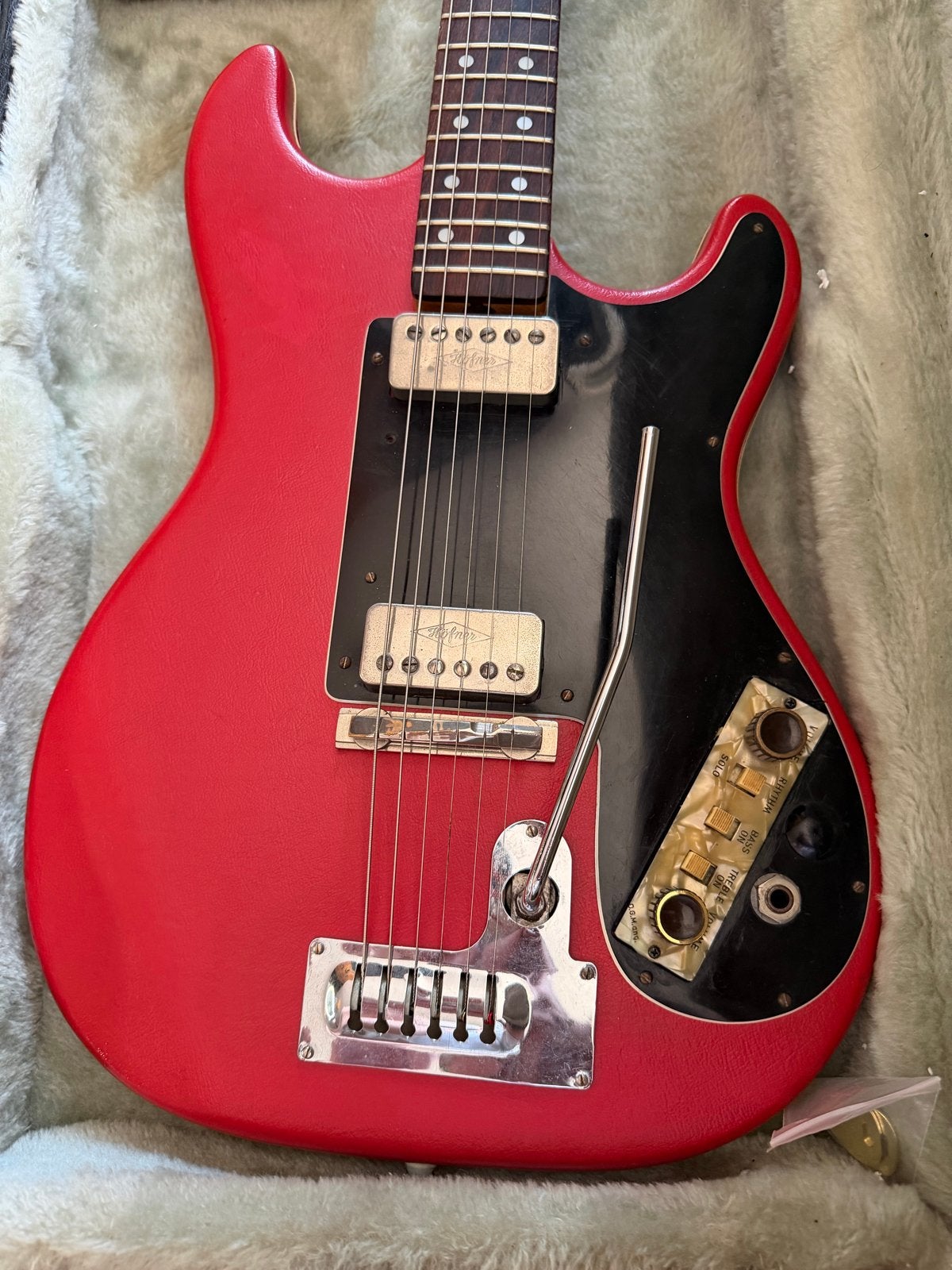 Hofner uit 1962 met Diamond elementen en rood vinyl, Ophalen of Verzenden, Gebruikt, Solid body, Overige merken