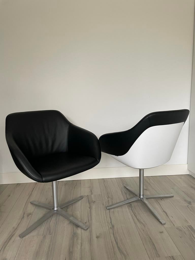 2 Walter Knoll Turtle fauteuils zwart leer hoogglans wit, Huis en Inrichting, Fauteuils, Ophalen, Zo goed als nieuw, Leer, 75 tot 100 cm