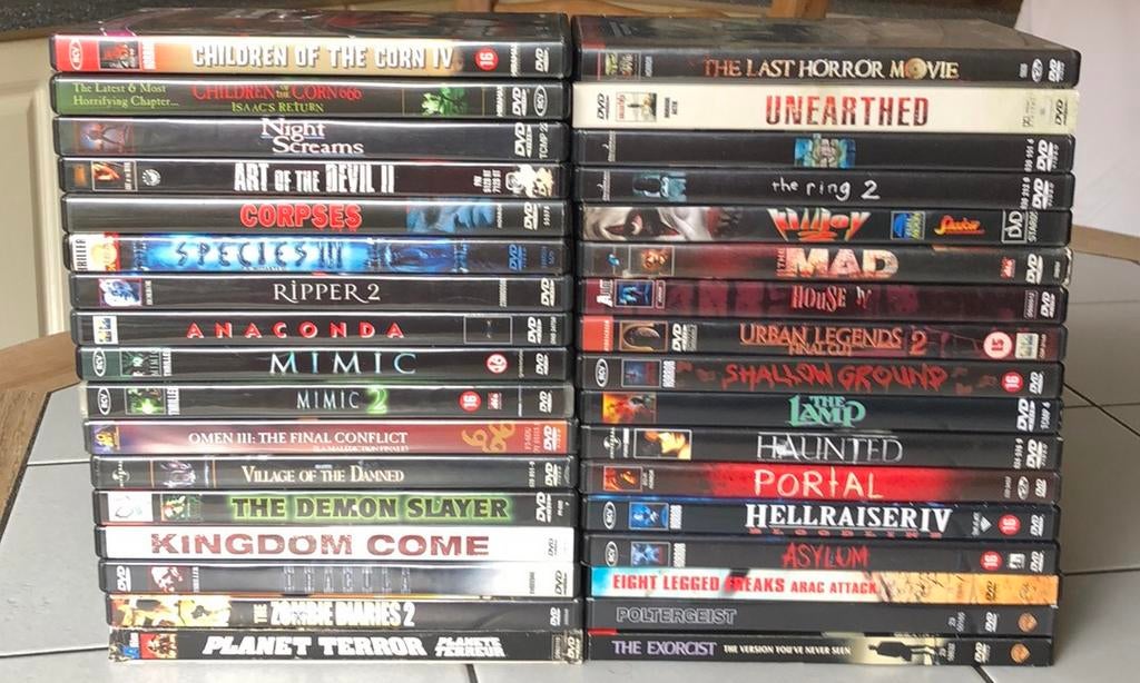 34 horror dvd’s zgan setprijs €15, Ophalen, Vanaf 16 jaar, Zo goed als nieuw, Boxset