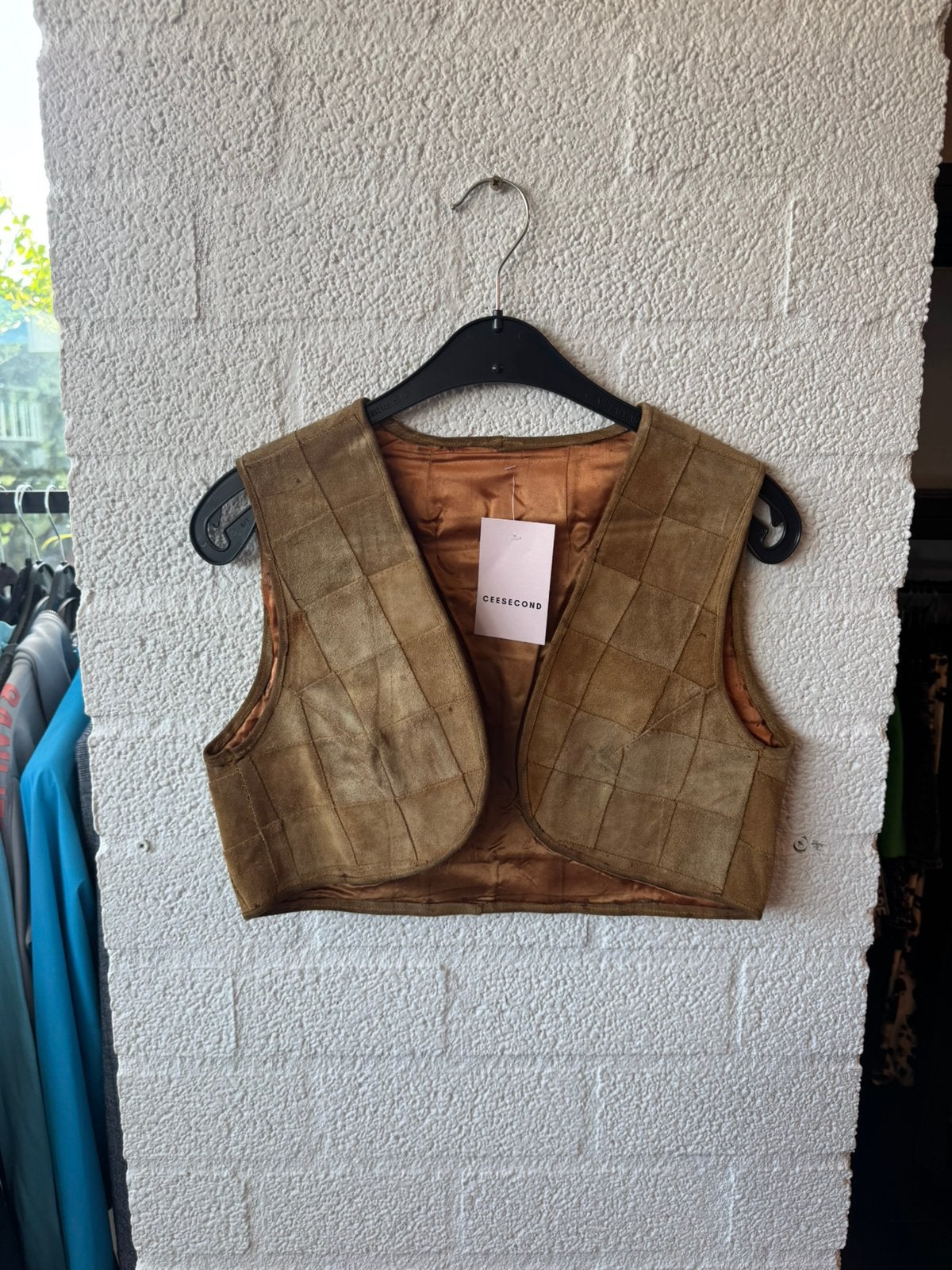 Vintage patchwork leder / suede gilet kort, Ophalen of Verzenden, Zo goed als nieuw, Maat 34 (XS) of kleiner, Bruin