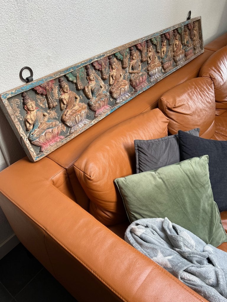 Indiase boeddha houtsnijwerk India wandpaneel uniek 187 cm, 187 cm, Oosters, Hout, Meerkleurig