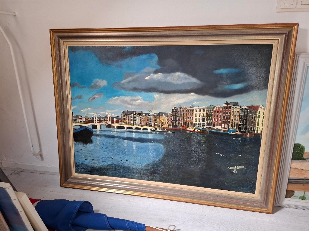 schilderij Amsterdam  met lijst 130 x 100, Antiek en Kunst, Ophalen, Handgeschilderd, Olieverf, Stadsgezicht