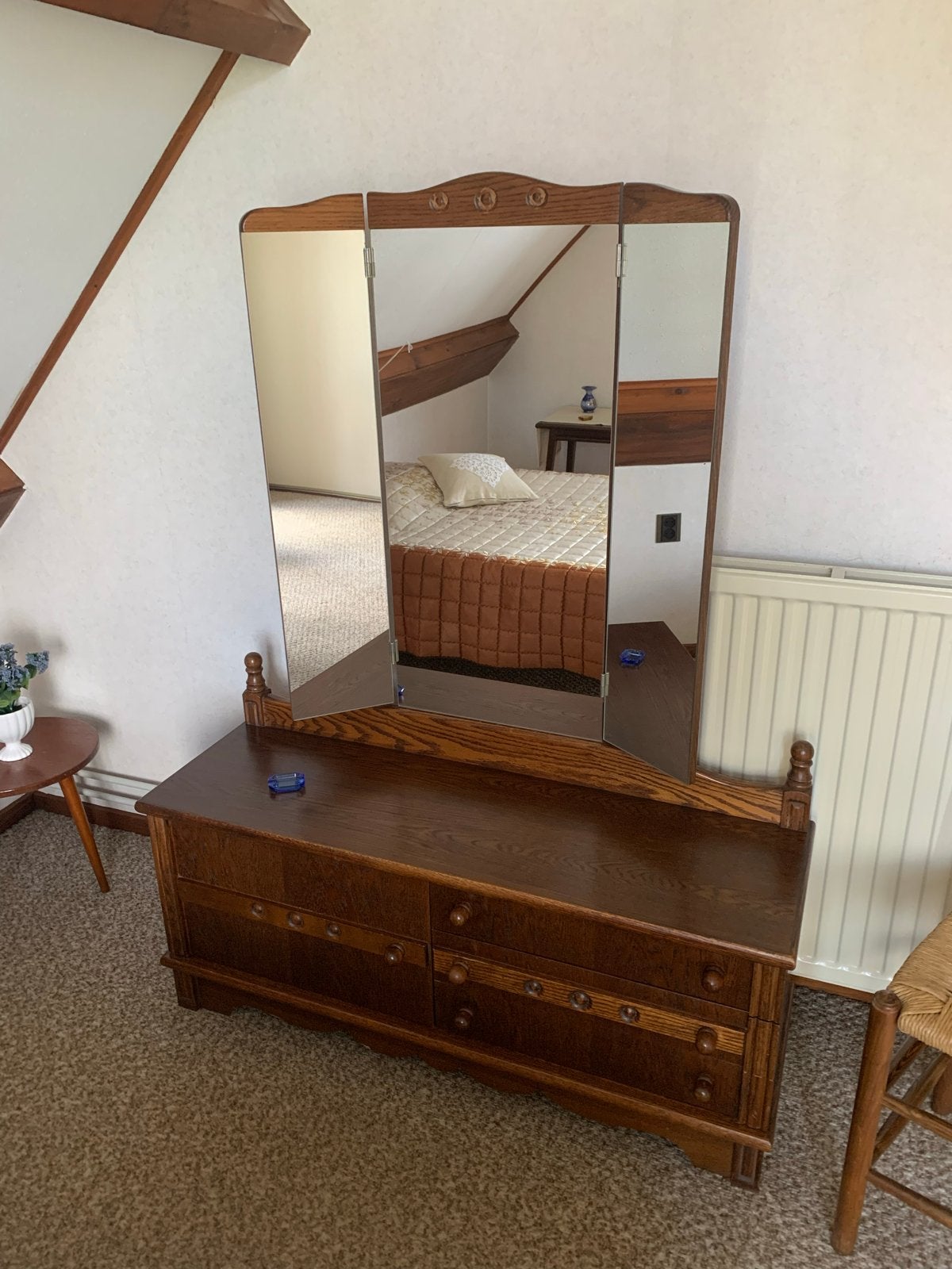 Vintage kaptafel met spiegel - Eikenhout, Ophalen, Gebruikt, 100 tot 150 cm, Eikenhout