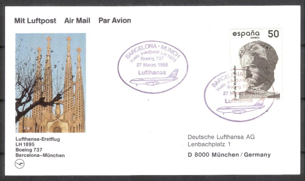 1e Lufthansa vlucht Barcelona - München 1988, Verzenden, Overige typen