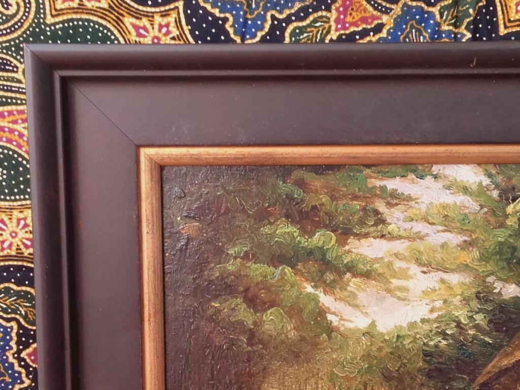Mooi oud ingelijst olieverf schilderij op paneel 27-37 cm., Ophalen of Verzenden