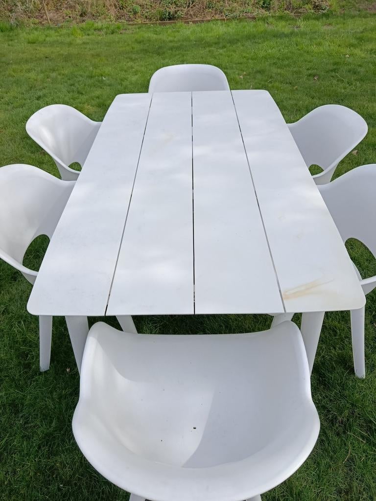 Tuintafel  van Kees Smit (180cm) met zes witte kuipstoelen, Tuin en Terras, Tuintafels, Ophalen, Gebruikt, Rechthoekig
