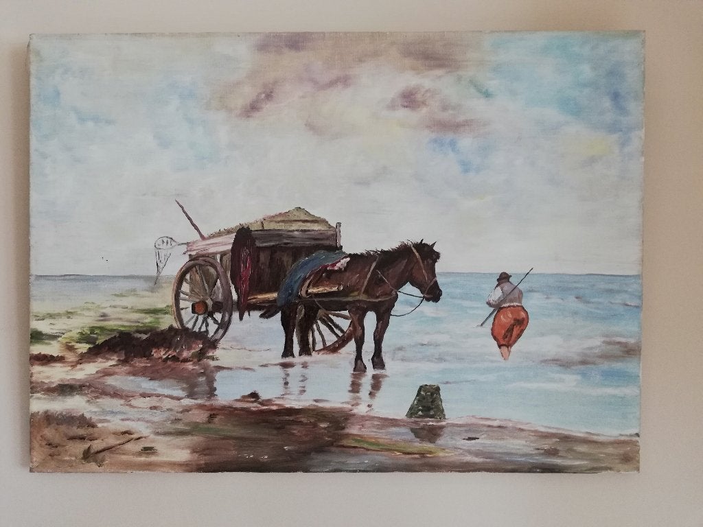 Schilderij op doek, zee kokkel visser met paard 50x70cm, Ophalen, 50 – 75, Zo goed als nieuw, Schilderij
