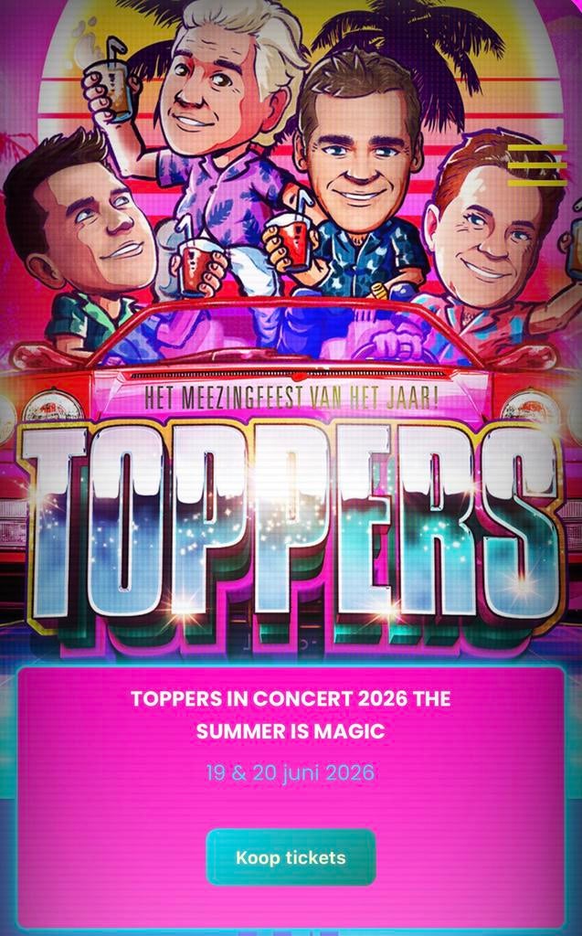 2 kaarten Toppers in Concert, 20 juni, Twee personen