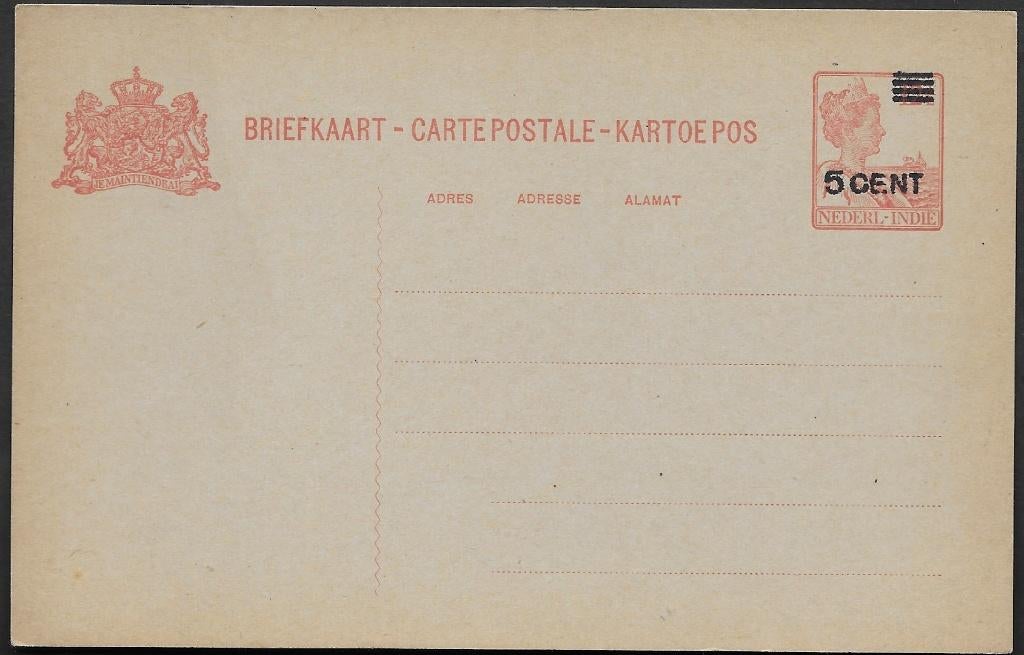 Ned. Indië briefkaart 42 grijs karton 5 cent op12½ cent., Ophalen of Verzenden, Briefkaart