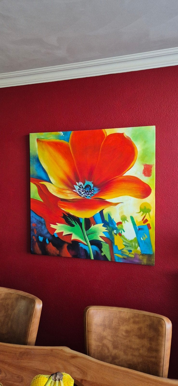 Kleurrijk handgeschilderd bloemschilderij 100x100cm, Antiek en Kunst, Ophalen, Gesigneerd, Bloemen