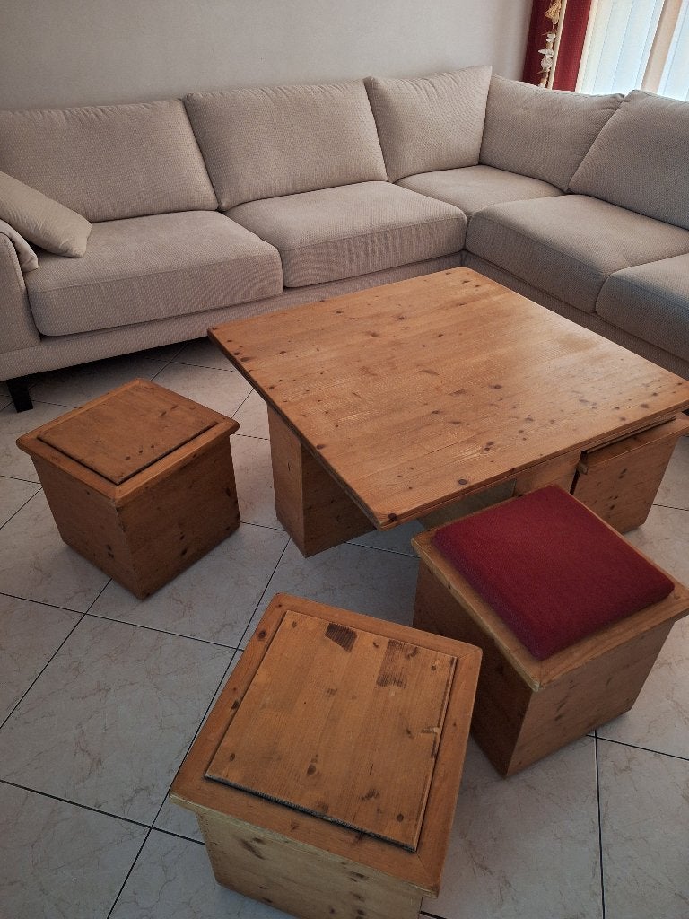 salontafel met 4 (opslag) tafeltjes/krukjes, Huis en Inrichting, Tafels | Salontafels, Ophalen, Gebruikt, Vierkant, Minder dan 50 cm