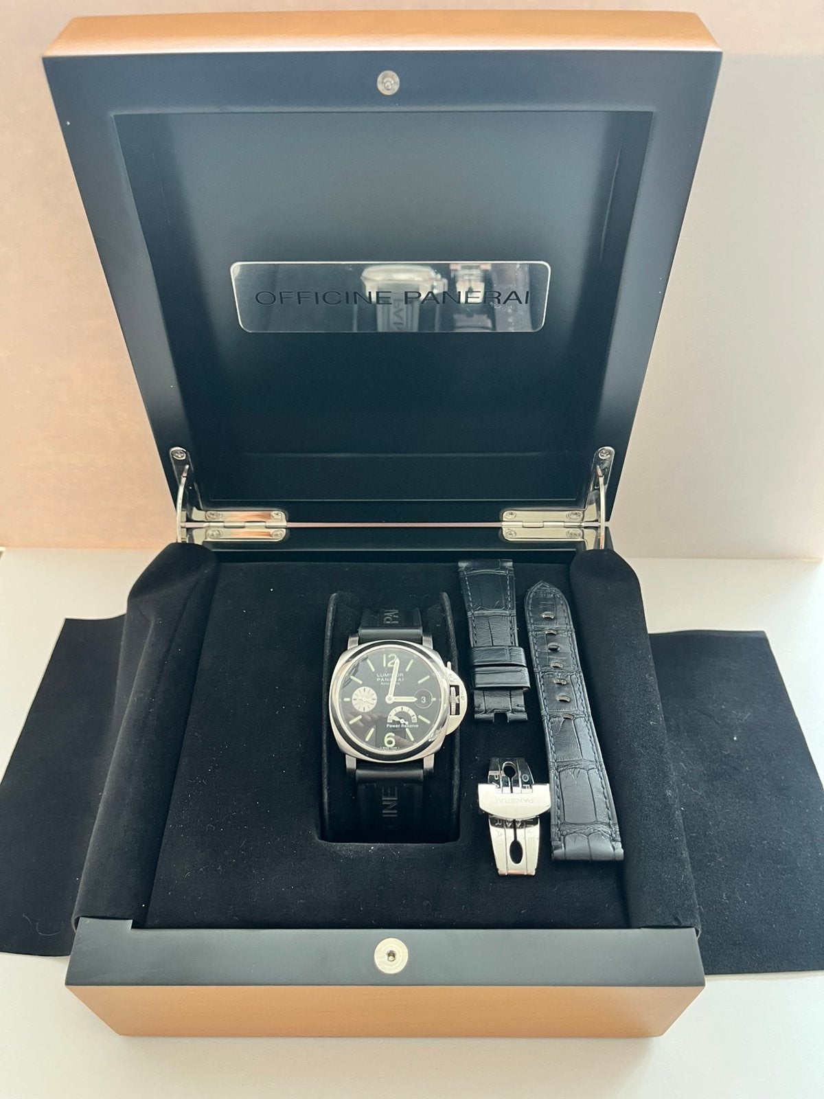 Panerai luminor power reserve full set, Leer, Staal, Polshorloge, Zo goed als nieuw