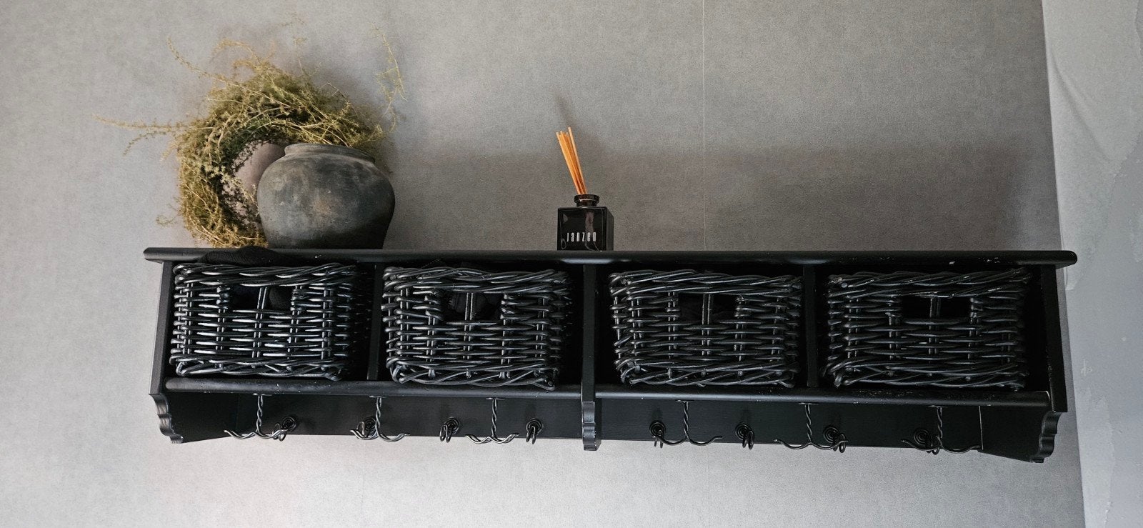 kapstok/regaal  met rieten manden en haken 120 breed diep 22, Ophalen, Hout, Zwart, Landelijk